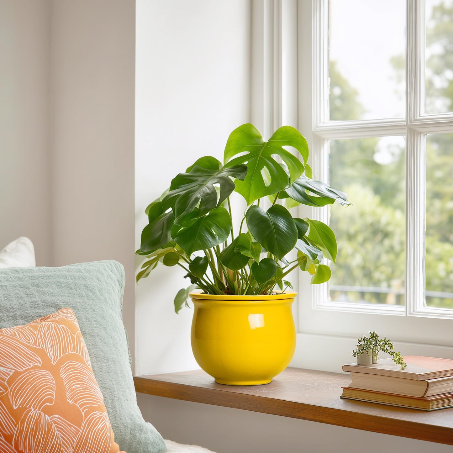 Teagas Ceramic Self Watering Planters, 6 Inch African Violet Pots for Indoor Outdoor Plants, Ceramic Plant Pot with Absorbent Inner Pot, Round Flower Pots, Living Room Decor, Gifts for Women, Yellow