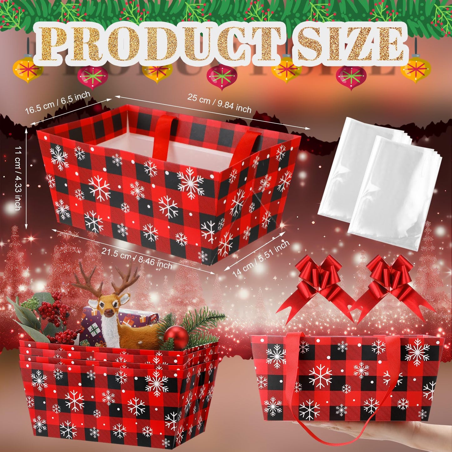 Moinchore 12 Pcs Christmas Snowflake Basket for Gifts Empty 9.8 x 6.5'' Red Black Plaid Cardboard Gift Basket with Bows, Plastic Bags, Twist Ties, Empty to Fill for Holiday Birthday Winter Xmas Party