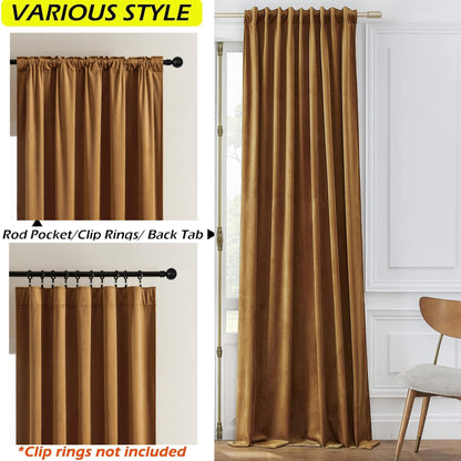 Timeper Gold Brown Pleat Back Tab Velvet Curtains W104 x L84 inches 1 Panel, Room Darkening Solid Home Decor Curtains for Bedroom Living Dining Room Thermal Insulated Luxury Super Soft Window Drapes
