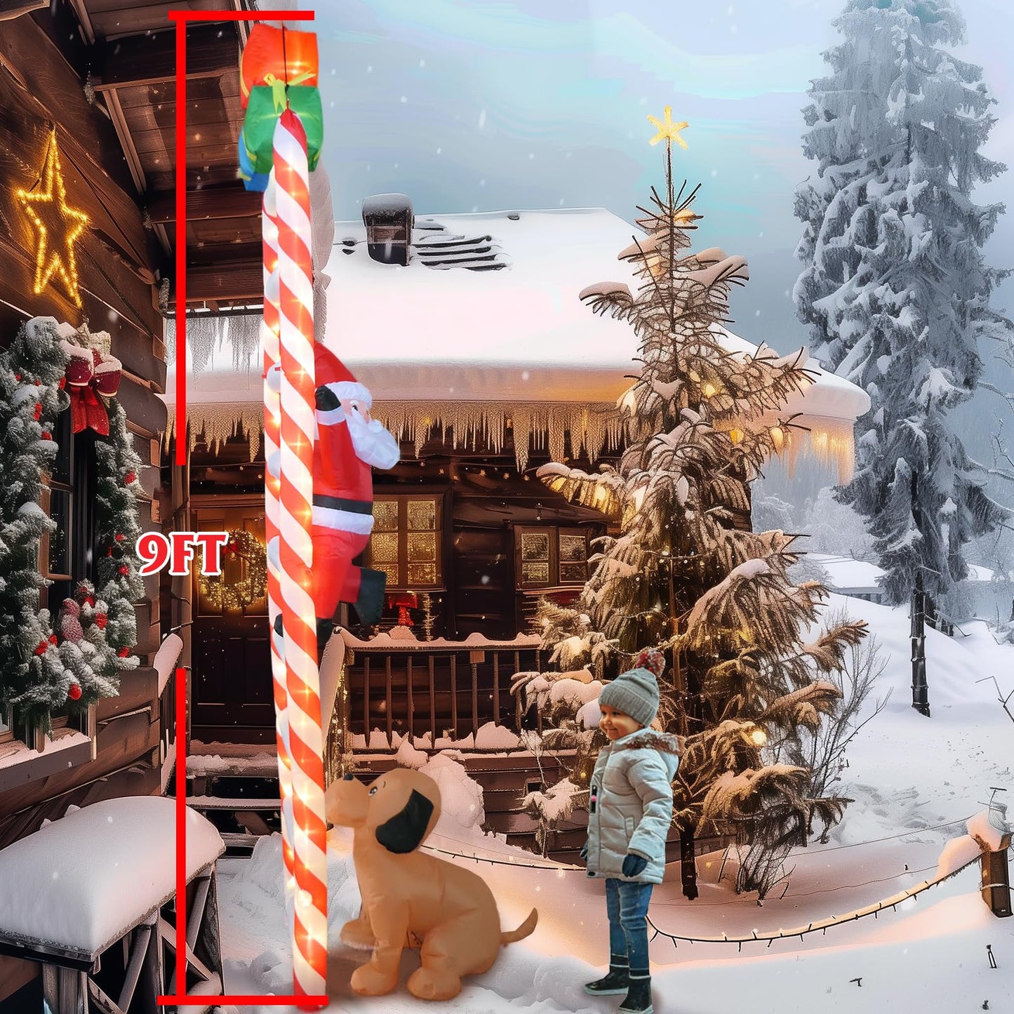 9 FT Hanging Christmas Inflatables Decorations with Led Light, Santa Claus Chased by A Dog Climbing Ladder, Funny Blow up Christmas Ornaments, Xmas Holiday Decor for Party Outdoor Yard Porch Roof