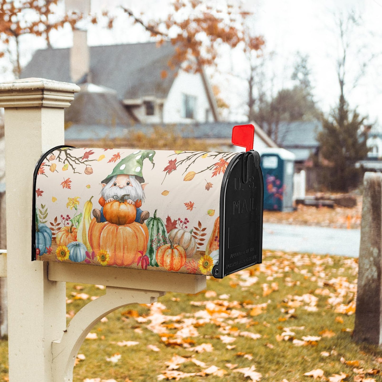Fall Gnome Mailbox Cover - Magnetic Autumn Pumpkin Decor - Large Size 25.5 x 21 Inch - Waterproof - For Outdoor Garden Yard Home