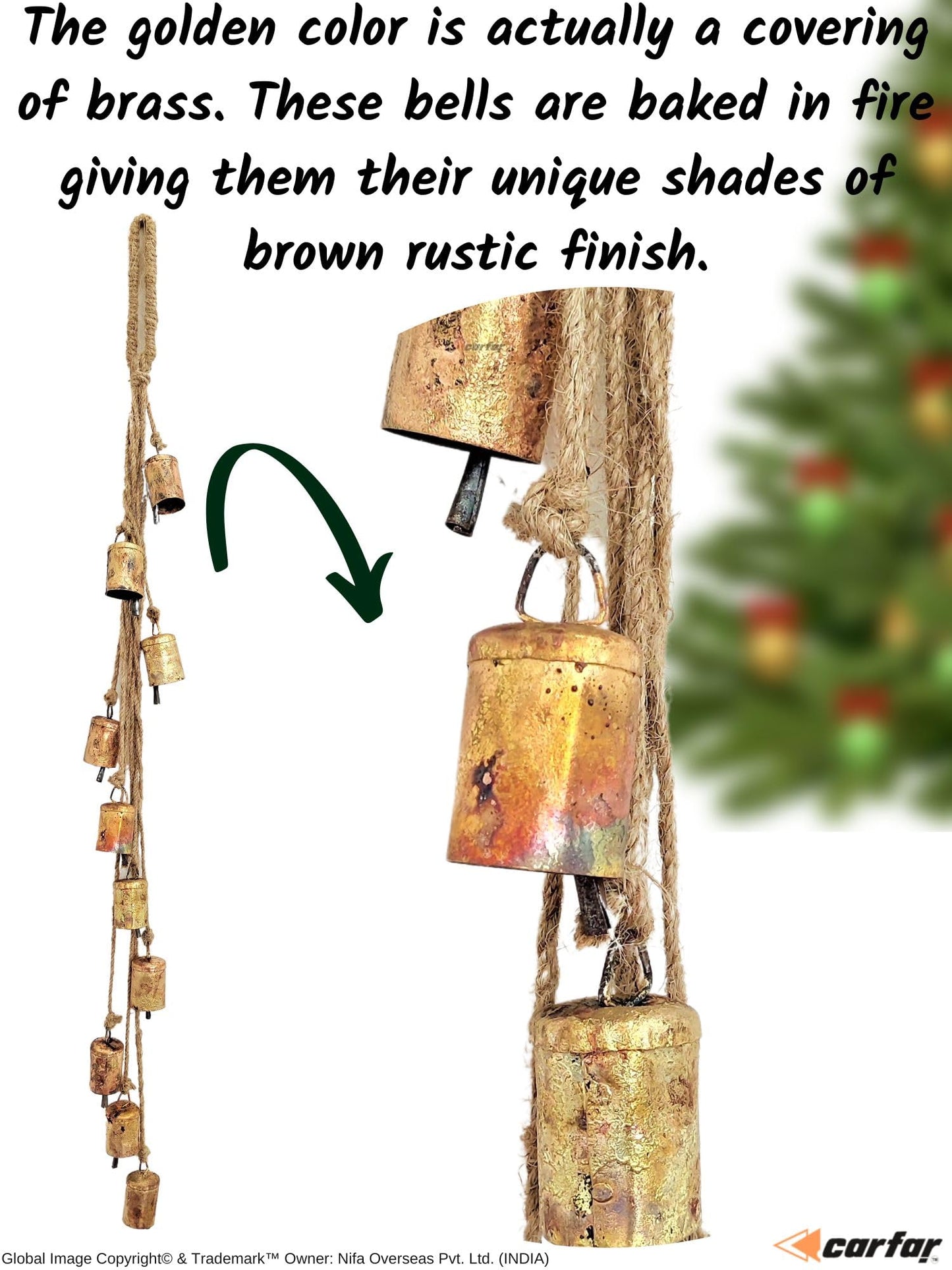 Carfar Shabby Chic Vintage Country Rustic Style Bells Cluster Hanging Handmade Metal Harmony Christmas Hanging Cow Bells on Jute Rope (1, Small Cylinder)