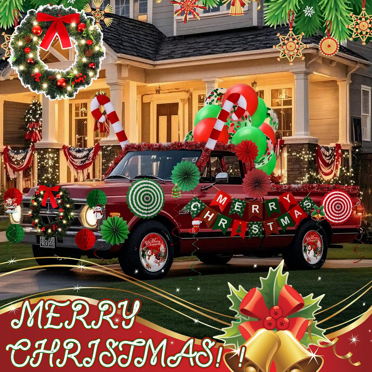 Suncalla 47 Pcs Christmas Parade Golf Cart Decoration Kit with LED Xmas Car Wreath Bow String Candy Canes Merry Christmas Banner Fans Balloons Tinsel Hanging Swirl Garland for Truck Vehicle