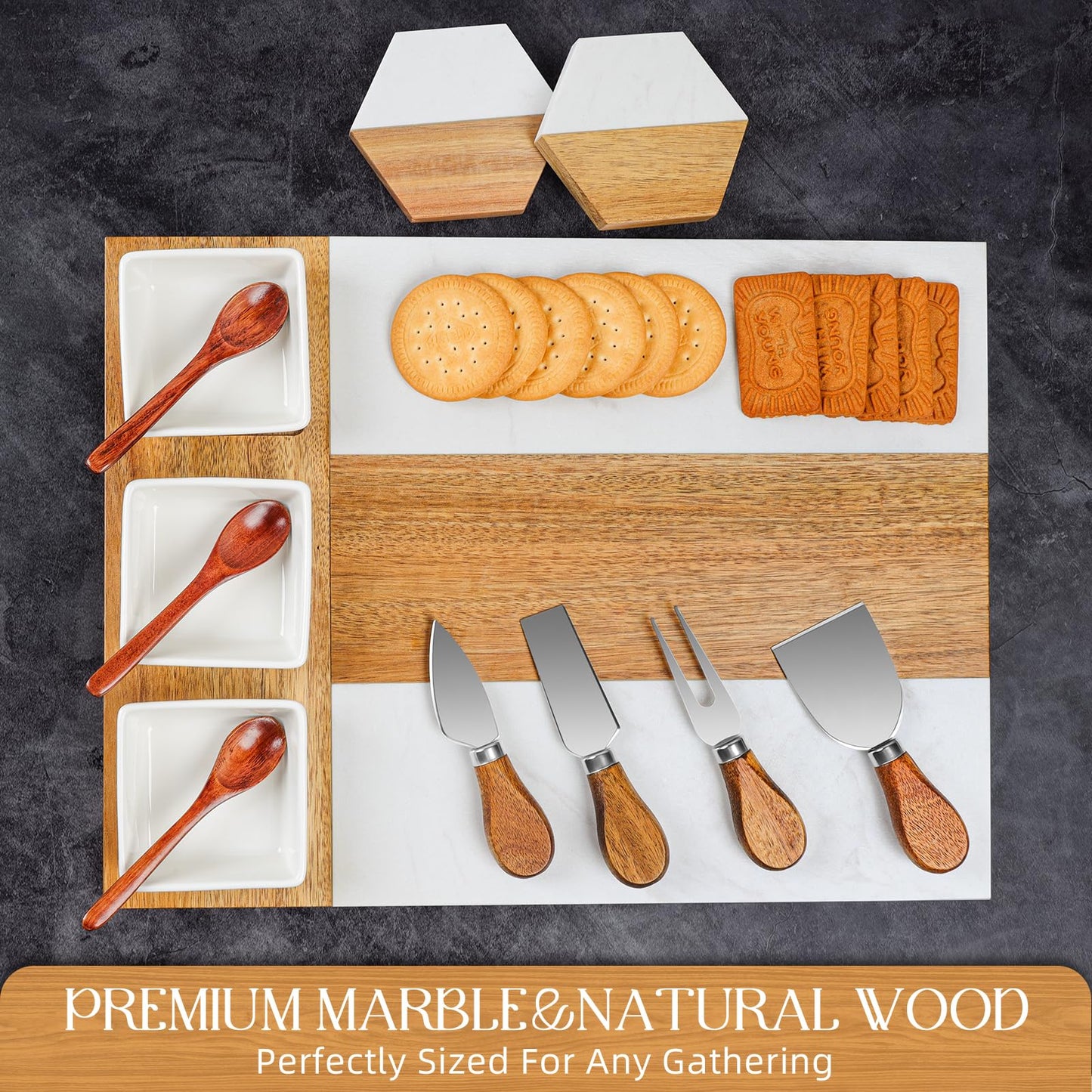 Charcuterie Board Set - Large Marble Cheese Board – Perfect Wood Charcuterie Boards Accessories Housewarming Gifts for New Home, Bridal Shower, New House Gift