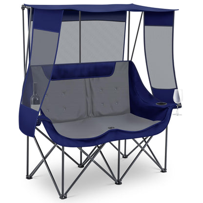 Teenyyou Double Camping Chair with Canopy - 2 Person Beach Chair with UV Sun Protection 660lbs Heavy Duty Foldable Loveseat with 2 Cup Holder & Storage Bag for Lawn Beach Outdoor Sport(Blue and Grey)