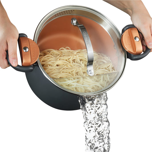 GOTHAM STEEL 5 Qt Ceramic Stock Pot Multipurpose Pasta Pot with Strainer Lid & Twist and Lock Handles, Nonstick Ceramic for Soup, Spaghetti, Rice, Pots for Kitchen, Dishwasher Safe - Copper