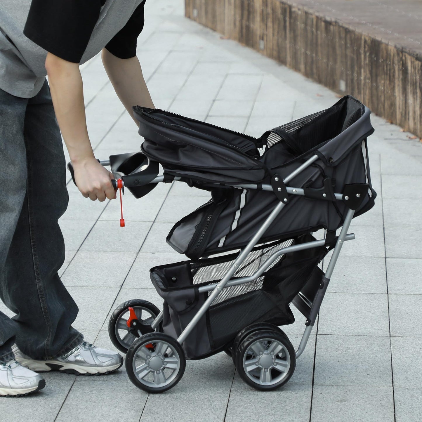 PawHut Pet Stroller for Small Miniature Dogs Cats Foldable Travel Carriage with Wheels Zipper Entry Cup Holder Storage Basket Grey