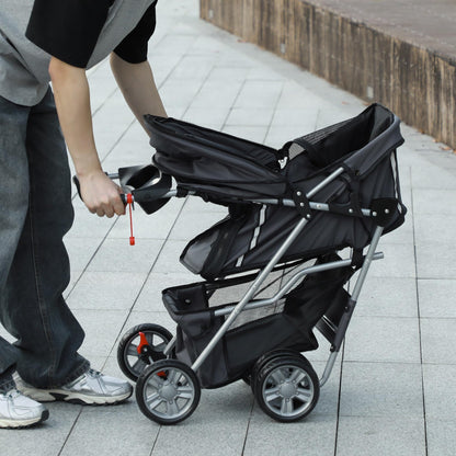 PawHut Pet Stroller for Small Miniature Dogs Cats Foldable Travel Carriage with Wheels Zipper Entry Cup Holder Storage Basket Grey