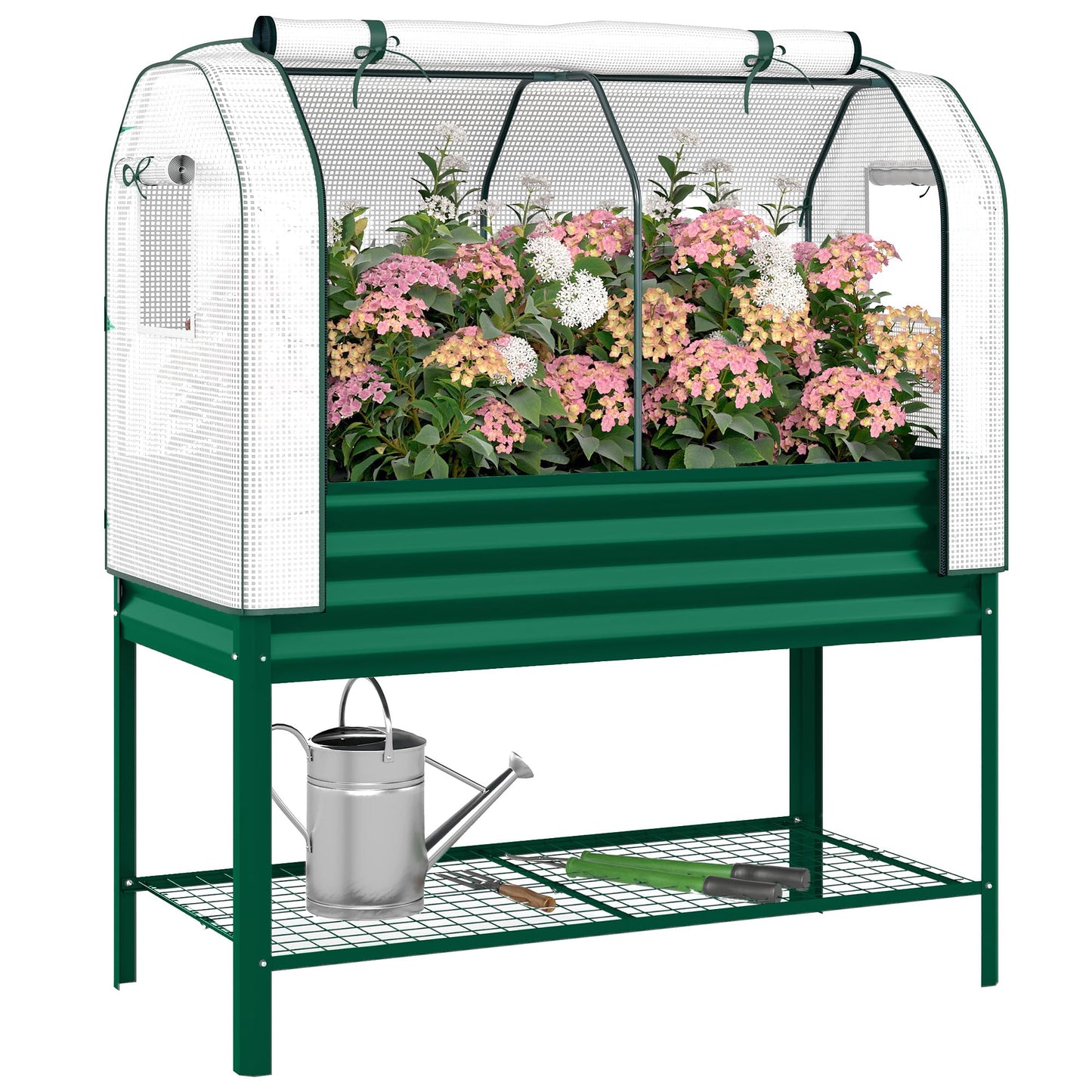 Outsunny Galvanised Raised Garden Bed with Greenhouse Cover, Metal Elevated Garden Bed with Legs, Bed Liner and Bottom Shelf, Outdoor Raised Planter Box for Vegetables, Herbs, Flowers, Green