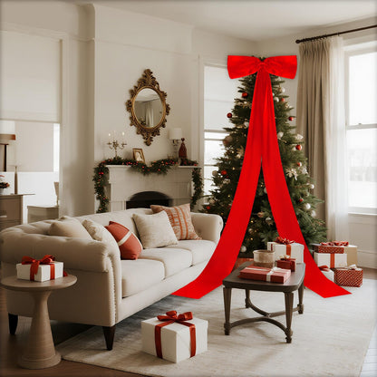 Giant Christmas Tree Bow Topper Big Bow for Christmas Tree Decorations 18X118In Tree Toppers Bows Big Red Bows for Wedding Birthday Party Wall Backdrop (Red)