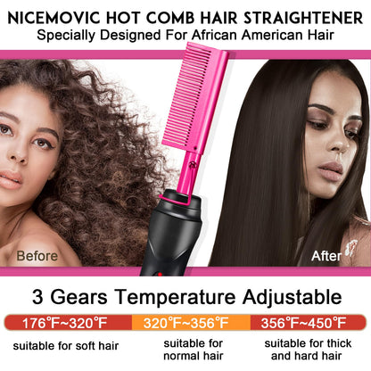 NICEMOVIC Ceramic Heating Hair Straightener Comb - Hot Pressing Brush for Natural Black Hair, Beard Wigs, and Curling (Gold)