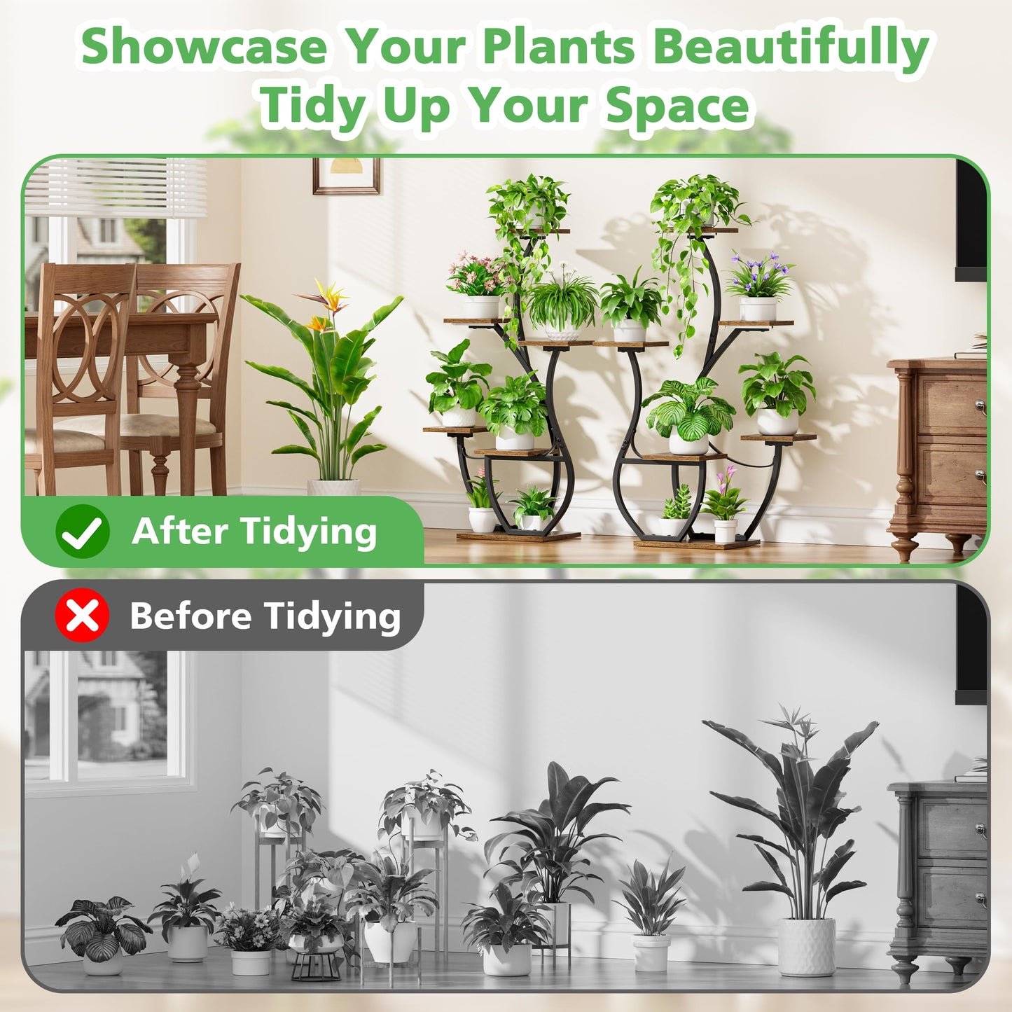 CODACE Plant Stand Indoor with Grow Lights - 2 PCS Indoor Plant Shelf, 6 Tiered Corner Plant Stands for Indoor Plants, Swan-Shaped Plant Holder, Metal Flower Display Rack for Living Room (Black)