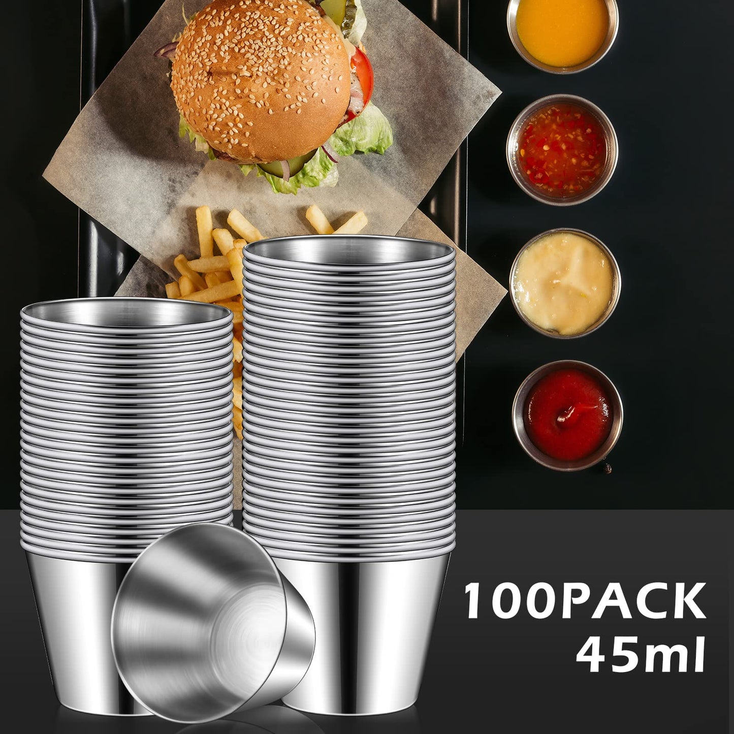 Mimorou 100 Pcs 1.5oz Stainless Steel Sauce Cups Dipping Cups Mental Condiment Sauce Container Round Dipping Bowls Condiment Ramekins for Dish Butter Kitchen Restaurant Serving Party Dinner Cooking