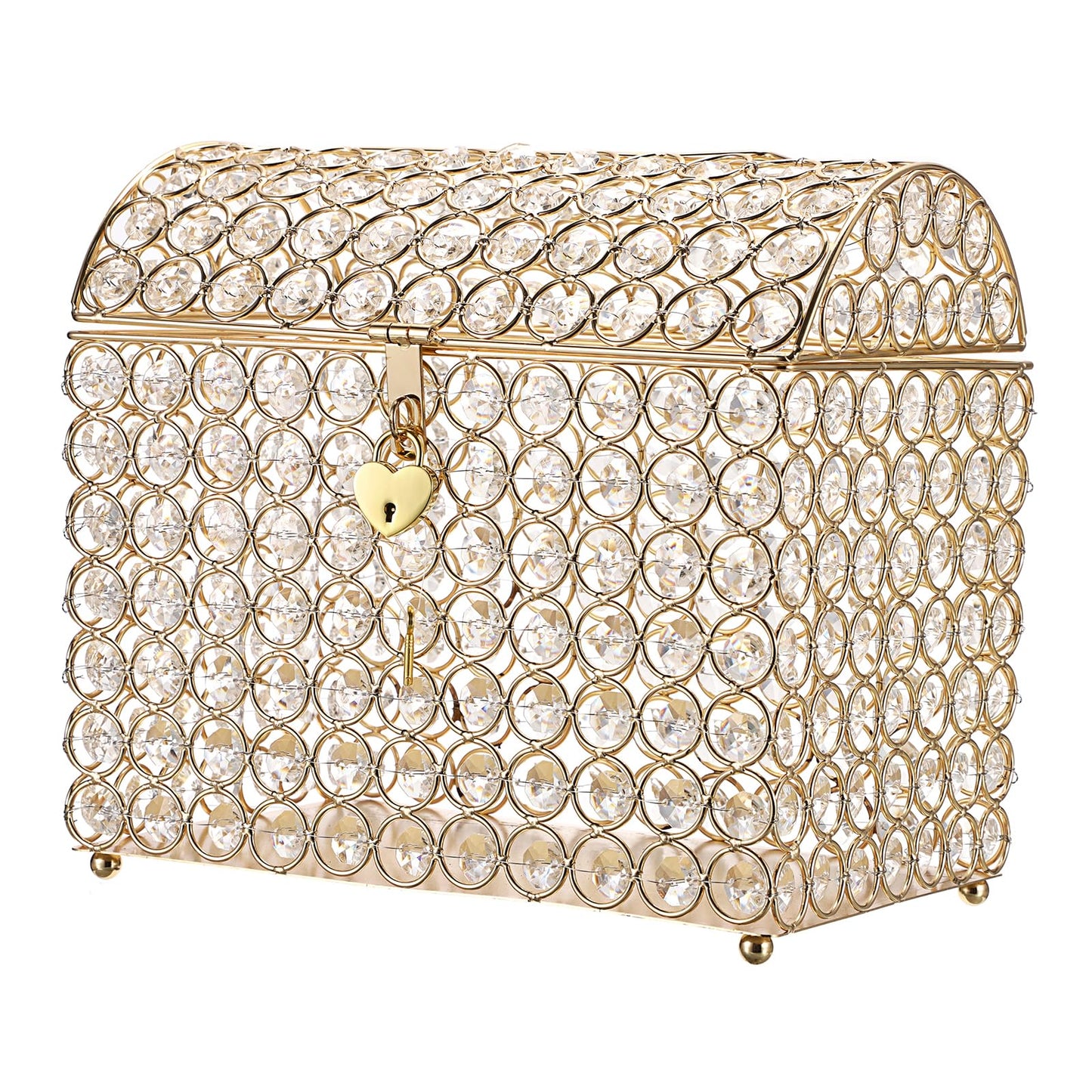 ELLDOO Crystal Wedding Card Box with Heart Lock, Money Card Box Treasure Chest Style Gold Gift for Wedding Receptions Centerpiece Decor Anniversary Keepsake Gift Display Csae, Medium