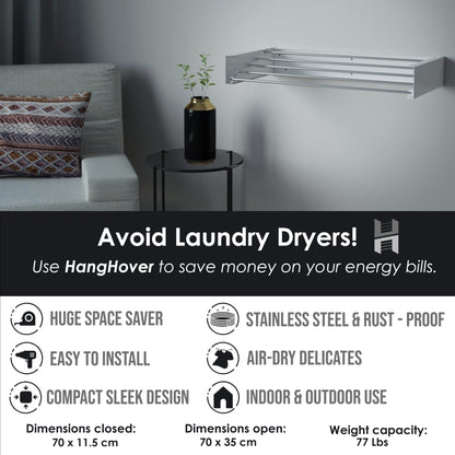 TCO ADVENTURES Invisible 27.5" Wall Mounted Drying Rack Elegant Matte Wall-Mounted Hanger | Folding Stainless Steel Collapsible Space Saver with 11.5 Feet Drying Capacity (Medium, White)