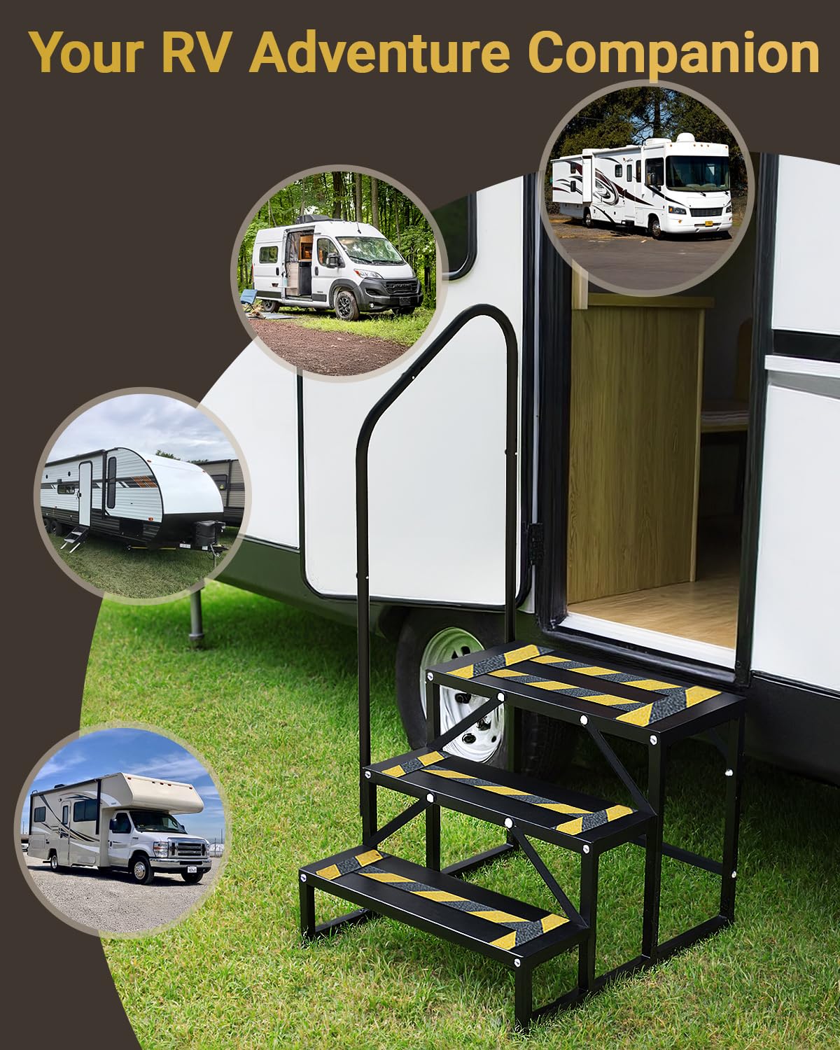 Altyostar RV Steps with Handrail Heavy-Duty 3 Step Camper Entry Step Stairs for 5th Wheel RVs Outdoor Camping Travel Trailers Motorhome Mobile Home Porch Hot Tub Spa Portable Step
