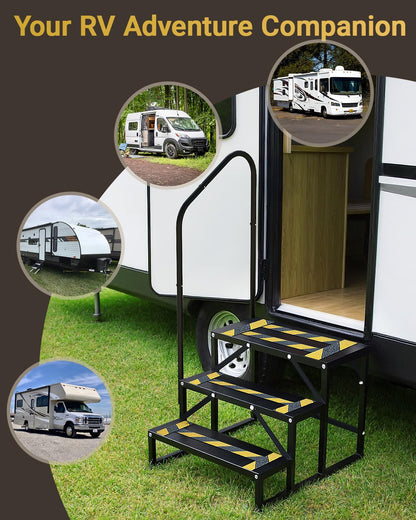 Altyostar RV Steps with Handrail Heavy-Duty 3 Step Camper Entry Step Stairs for 5th Wheel RVs Outdoor Camping Travel Trailers Motorhome Mobile Home Porch Hot Tub Spa Portable Step