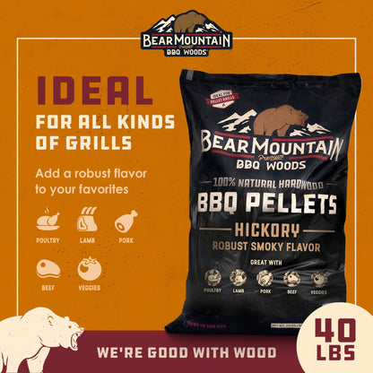 Bear Mountain Premium BBQ Woods 100 Percent All Natural Hardwood Hickory Pellets, Perfect for Pellet Smokers & Grills for Wood-Fired Flavor, (40 Pounds Bag)