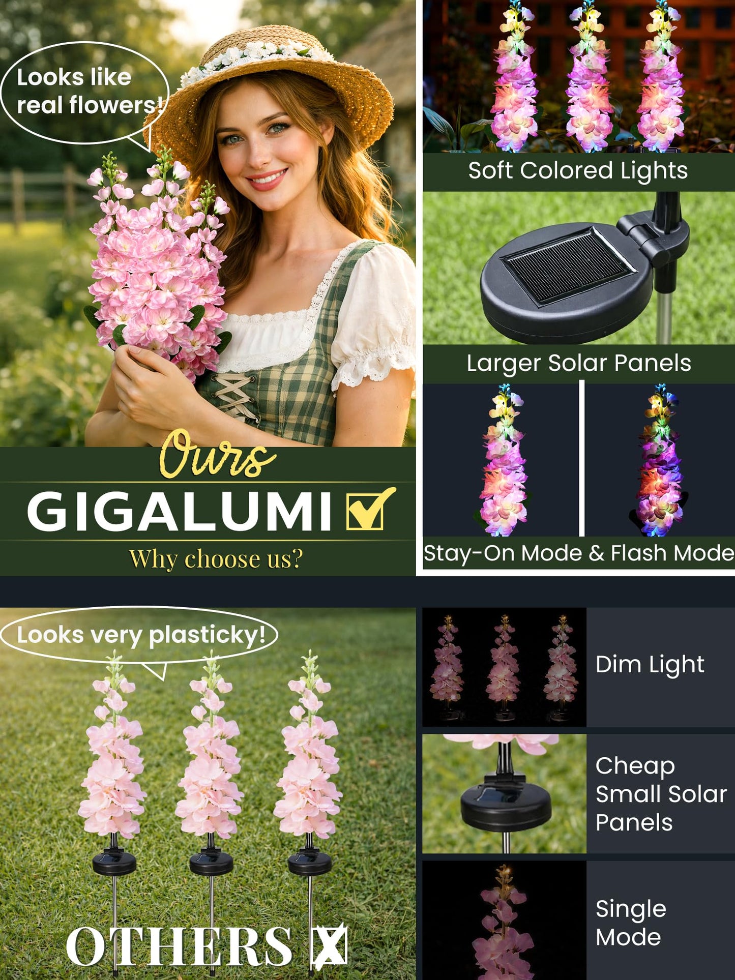 GIGALUMI Solar Lights Outdoor for Garden Decor, 3 Pack Solar Flower Lights Waterproof, 2 Lighting Modes Delphinium for Pathway,Yard, Patio Decoration, Gardening Gifts for Women (Pink)