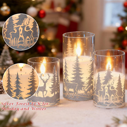 KunSwenn Christmas Flameless Candles with Silver Reindeer Decals, 3 Pack LED Glass Battery Operated Candles with Remote Timer, Pillar Candles with Deer and Tree Pattern for Christmas Winter Decor