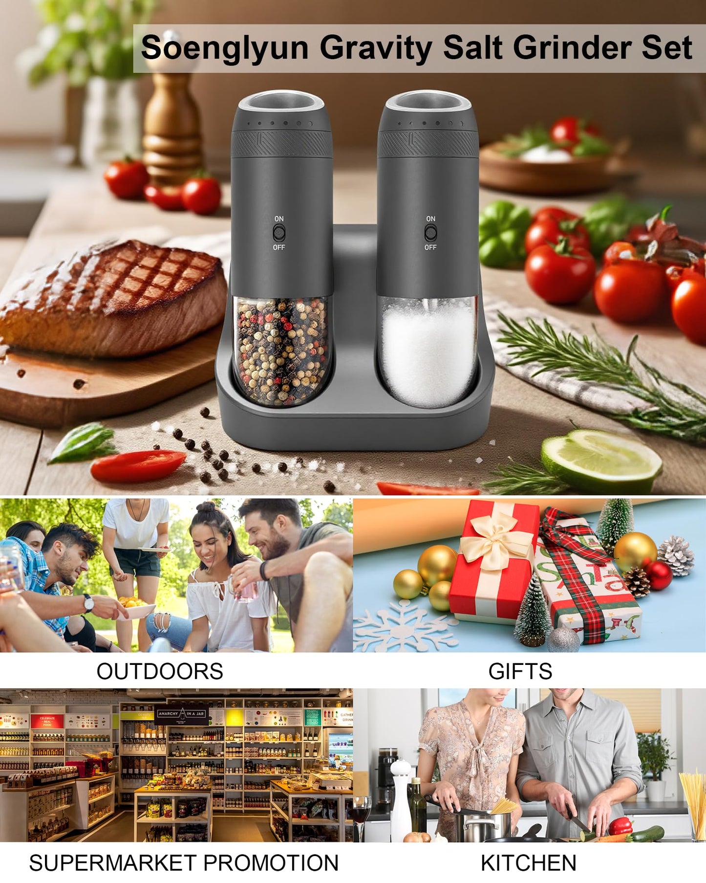 Soenglyun Gravity Salt and Pepper Grinder Set with Charging Base, Automatic Salt Grinder Electric with LED Light & 6 Adjustable Coarseness, One-Handed Operation and 176ml Capacity, Black