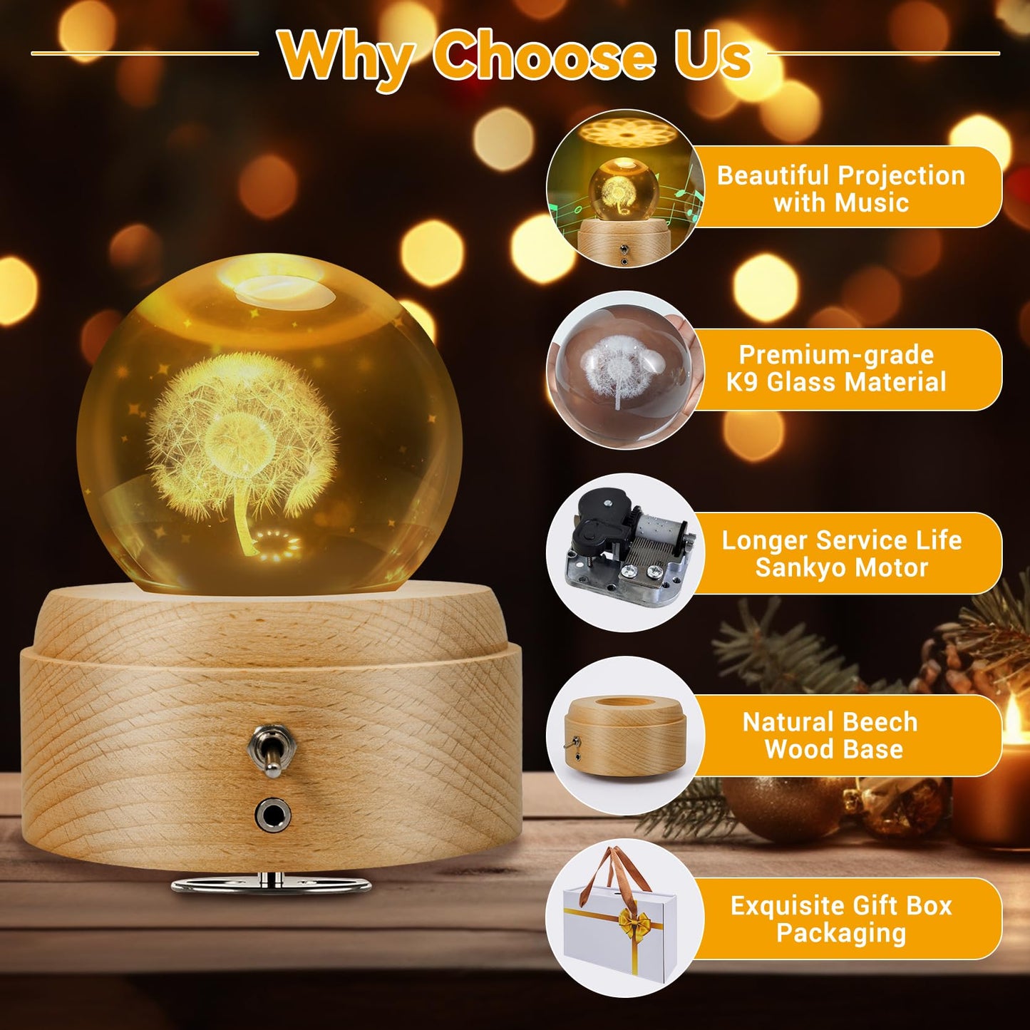 XKELFX 3D Crystal Ball Music Box, with Projection LED Lights, Rotating Wooden Base, Musical Box Gift for Birthday, Christmas, Valentine's Day, for Women Mom Daughter Girls (Dandelion)
