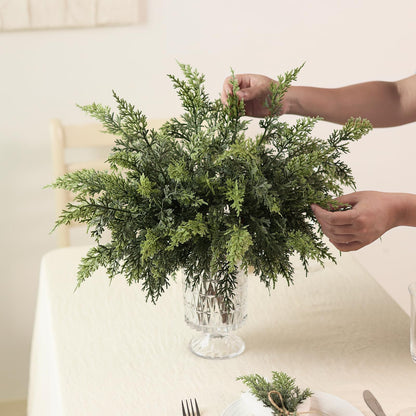 Juxdp Soft Textured Christmas Cedar Branches-18 Inches, Artificial Cedar Branch Faux Greenery Plants Stem Fake Pine Picks for Vase DIY Crafts Garland Wreath Xmas Indoor Outdoor Decor (12 Pcs)