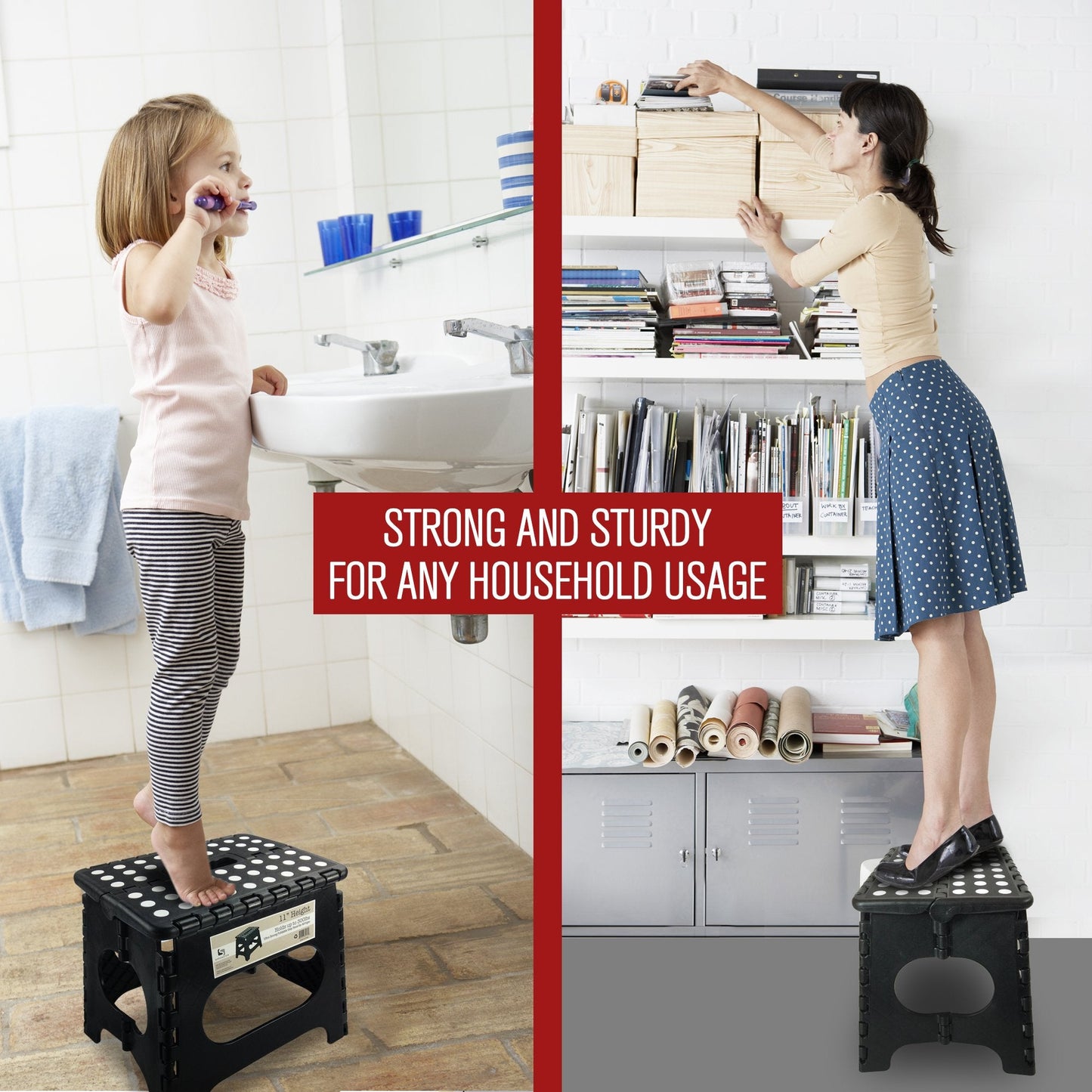 Spranster Super Strong Folding Step Stool - 11" - Sturdy Enough to Hold 300 Lb - Lightweight Foldable Step Stool for Adults and Kids - Opens with one Flip - Great for Kitchen, Bathroom and Bedroom