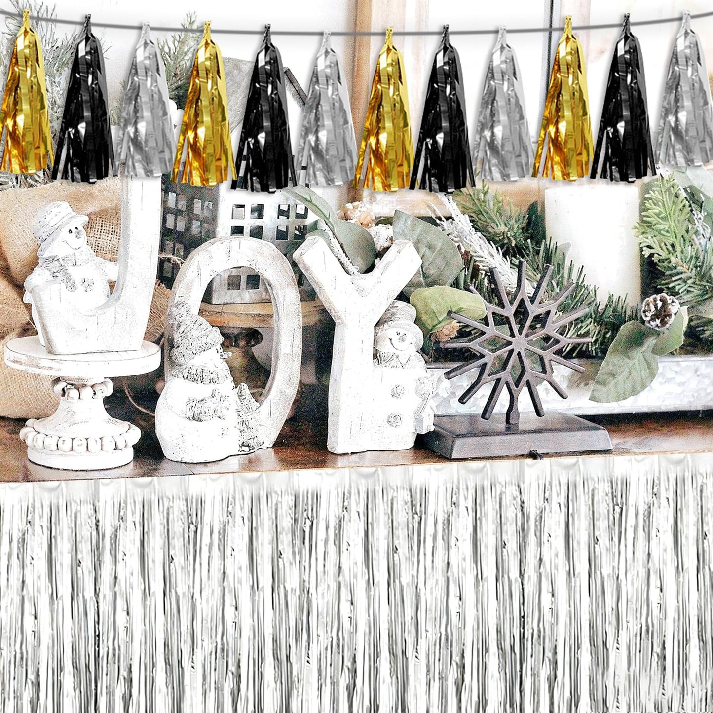 4P Black Gold Silver Tassel Banner Garland Metallic Foil Fringe Banner Tinsel Tassels Streamer Banner Backdrop for Parade Floats, 2025 Graduation Decorations, New Years Decorations,Father' Day