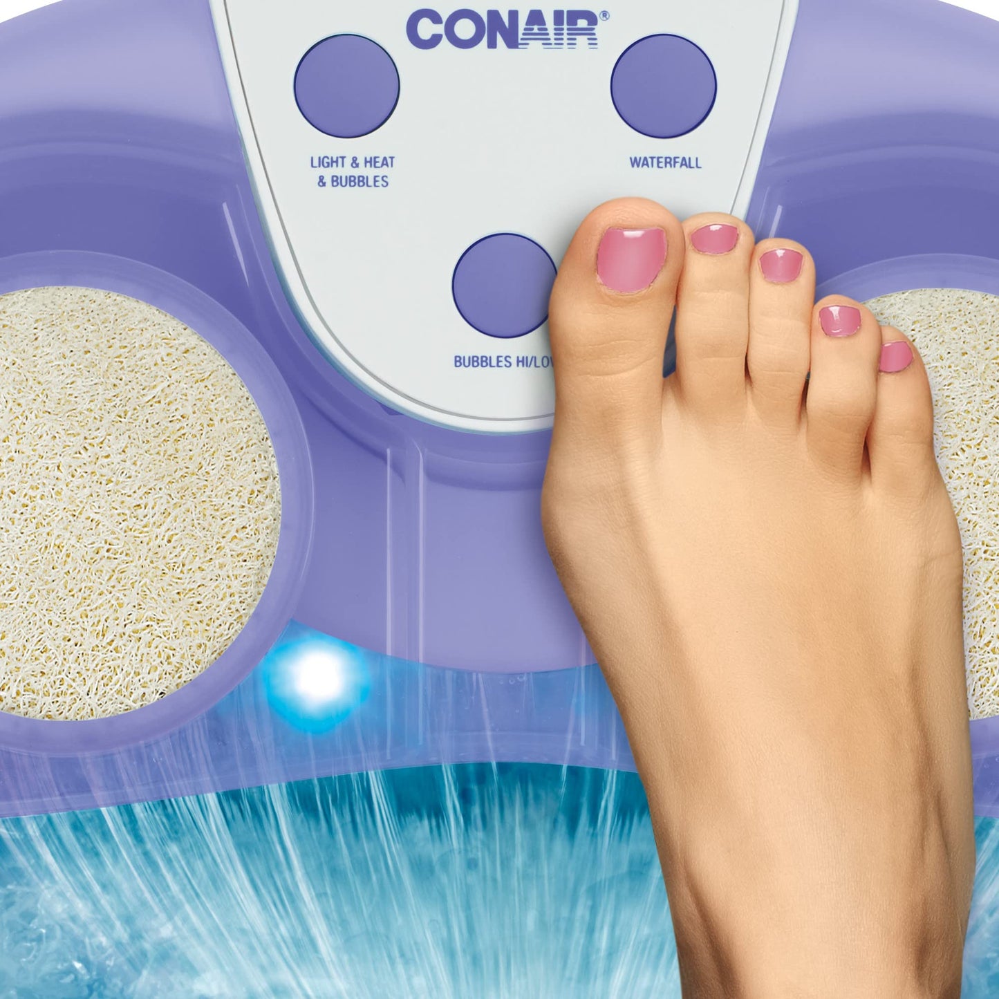 Conair Waterfall Pedicure Foot Spa Bath with Blue LED Lights, Massaging Bubbles and Massage Rollers, Blue/White