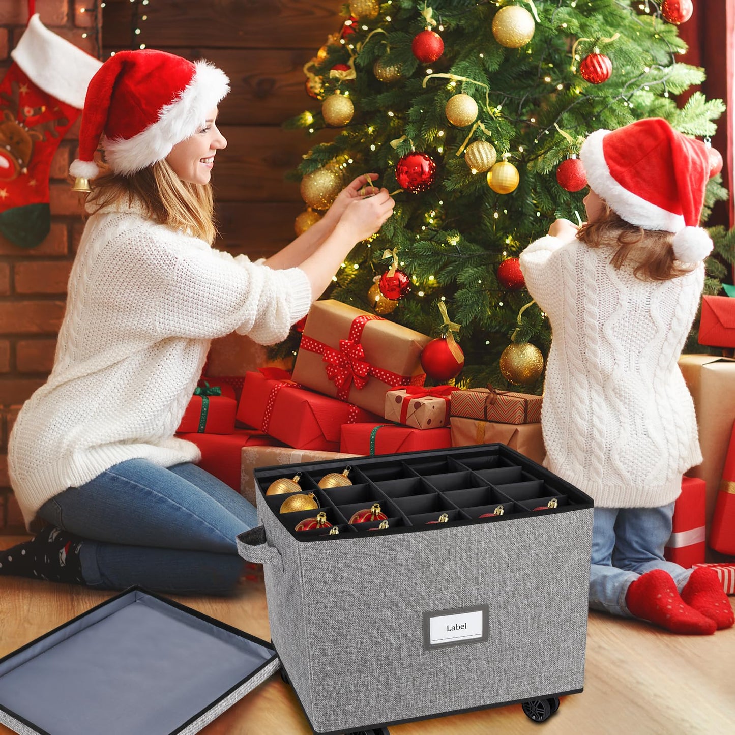 Lukeline Rolling Christmas Ornament Storage Box, Holiday Ornament Organizer with 3 Individual Removable Trays, Large Capacity Christmas Ornament Box with Tow Rope and Double Handles