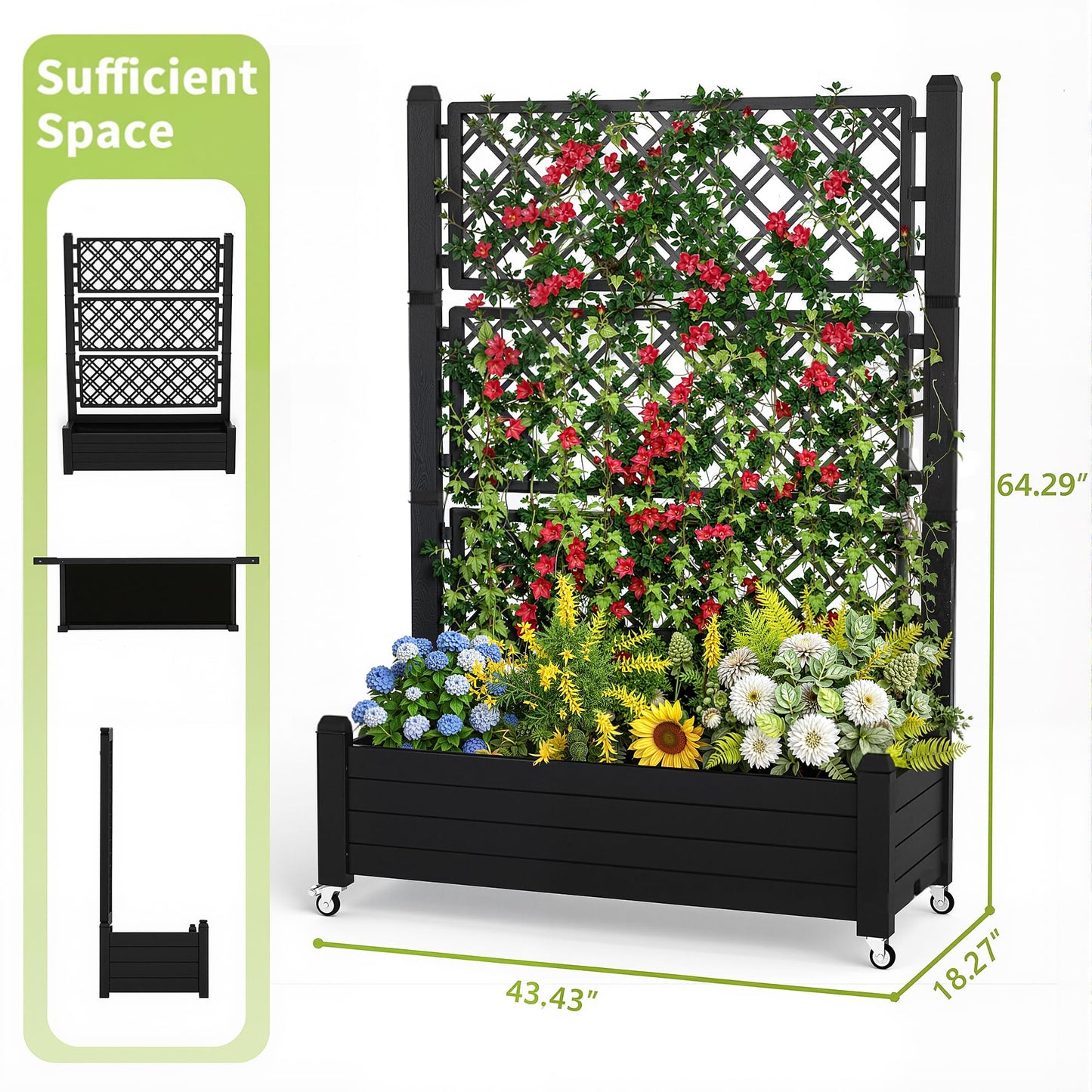 PatioZen Raised Garden Bed with Trellis, 21 Gallon Self Watering Planter Box with Lockable Wheels & Drainage Holes for Climbing Plants Vegetables Flowers, Anti-Rust Resin for Backyard Patio (Black)