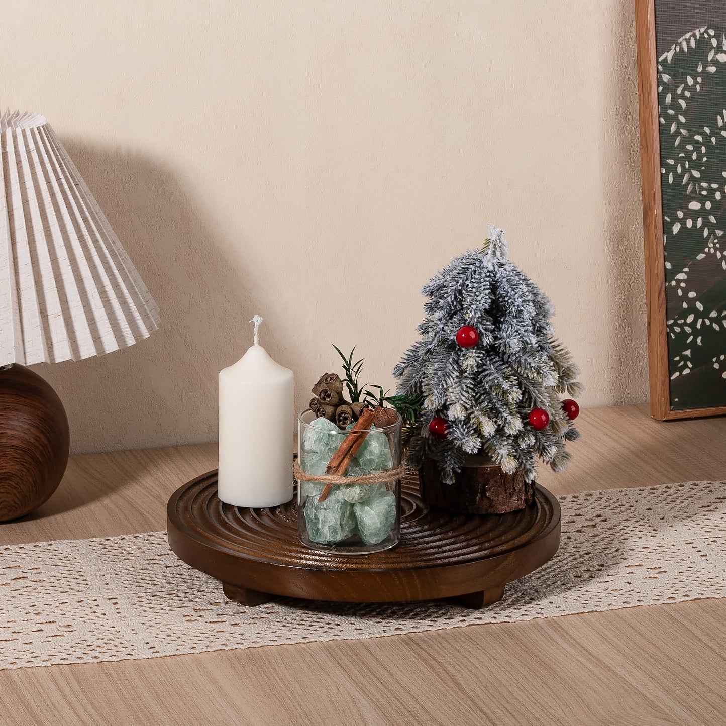 Round Decorative Tray Farmhouse Bathroom Decor Wood Riser Kitchen Countertop Organizer for Perfume, Candle, Plant, 10 inch Walnut