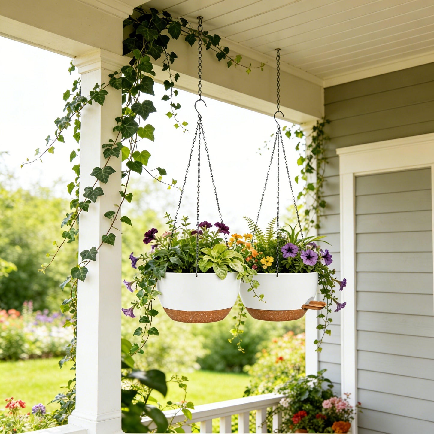 CNLBO 12 Inch Self Watering Hanging Planters 2 Pack, Indoor Outdoor Hanging Pots for Plants with Drainage Holes & Saucers, White Brown Plastic Hanging Baskets for Kitchen Balcony Garden