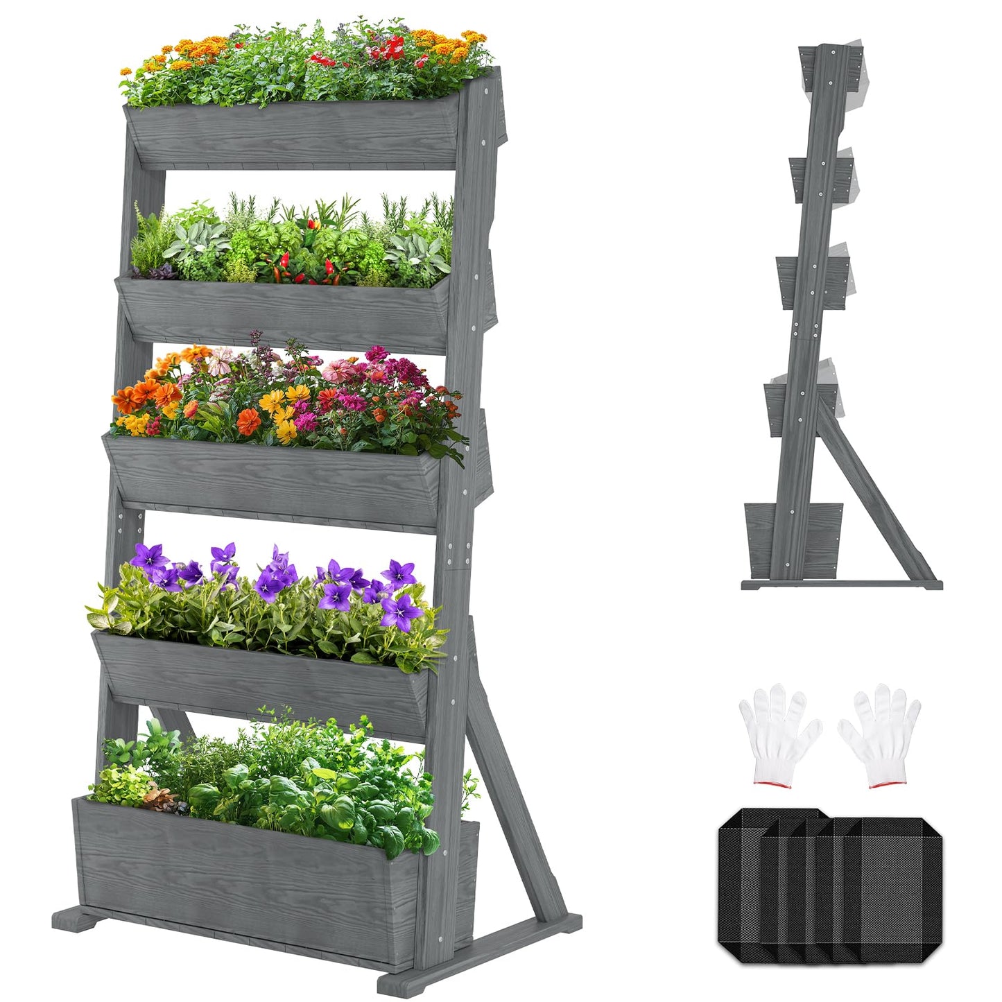SUNYRISY 5 Tiers Vertical Raised Garden Bed Outdoor Planter Tower, Wooden Freestanding Planter Box for Planting Herbs Flowers Vegetables Backyard Patio Balcony Indoor Outdoor Gardening, Grey