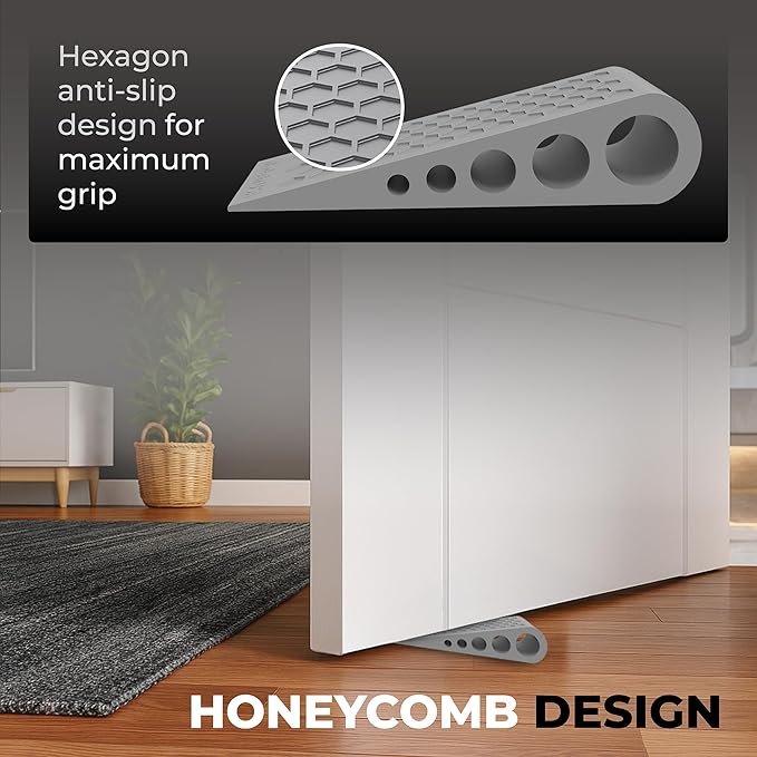 Door Stoppers for Bottom of Door Premium Floor Rubber Door Stop Wedge Made in USA Heavy Duty Honeycomb Design for Carpet, Tile, Ideal for Home, School, Commercial, Black 6 Pack
