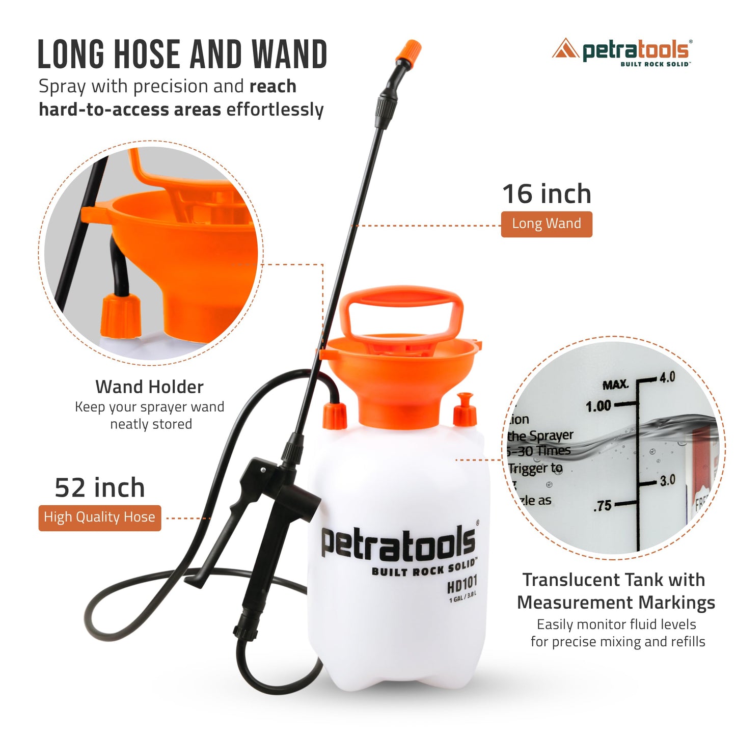 Petratools 1 Gallon Pump Sprayer – HD101 Garden Sprayer for Weeds, Lawn Care & Pesticides – 52” Long Hose, 2 Nozzles & Easy Carry Handle – Durable & Lightweight