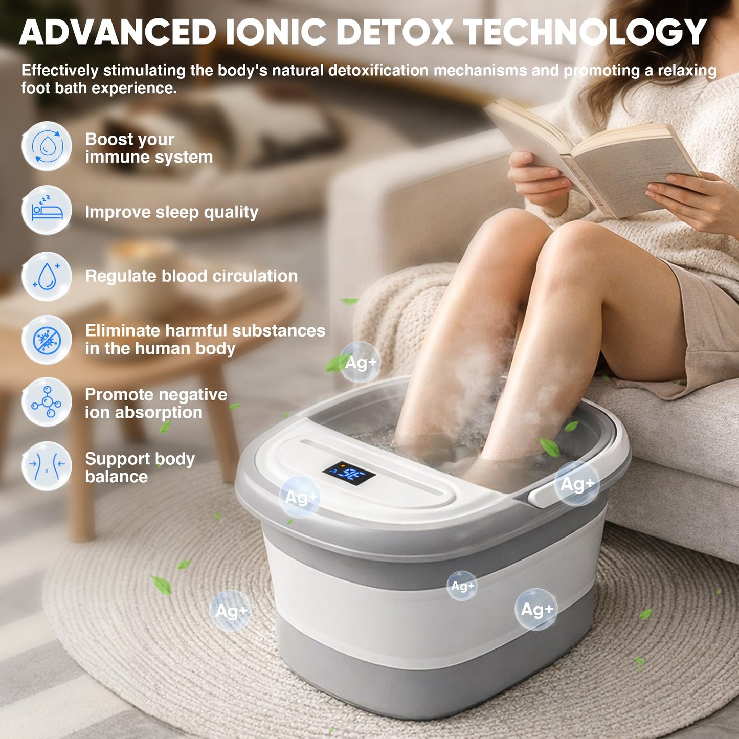 Ionic Foot Bath Detox Machine, Premium Ion Foot Spa for Home Use, Includes 3 Sea Salts (Original/Rose/Lavender), 2 Ion Arrays & Accessories, Perfect for Parents/Seniors/Partner/Self (Foldable Basin)
