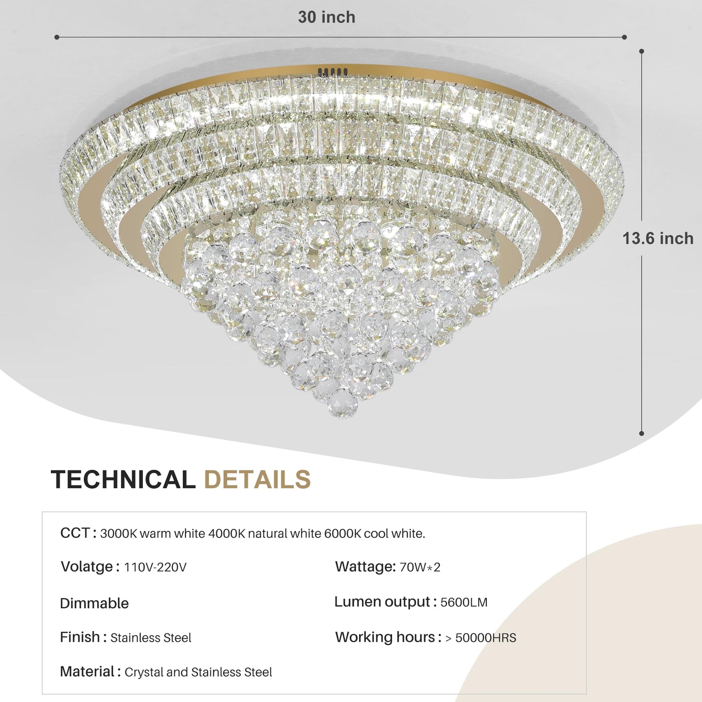 COCOSTAR 30" Gold Crystal Chandeliers, Flush Mount Chandelier LED Ceiling Light, Modern Crystal Raindrop Chandeliers for Dining Room, Living Room, Bedroom