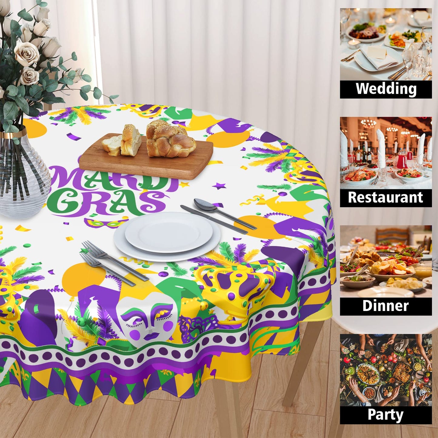 Giwawa Mardi Gras Round Tablecloth 60 Inch, Carnival Mask Balloon Table Cover Seasonal Festival Holiday Kitchen Dining Table Decoration for Indoor Outdoor Home Party Decor