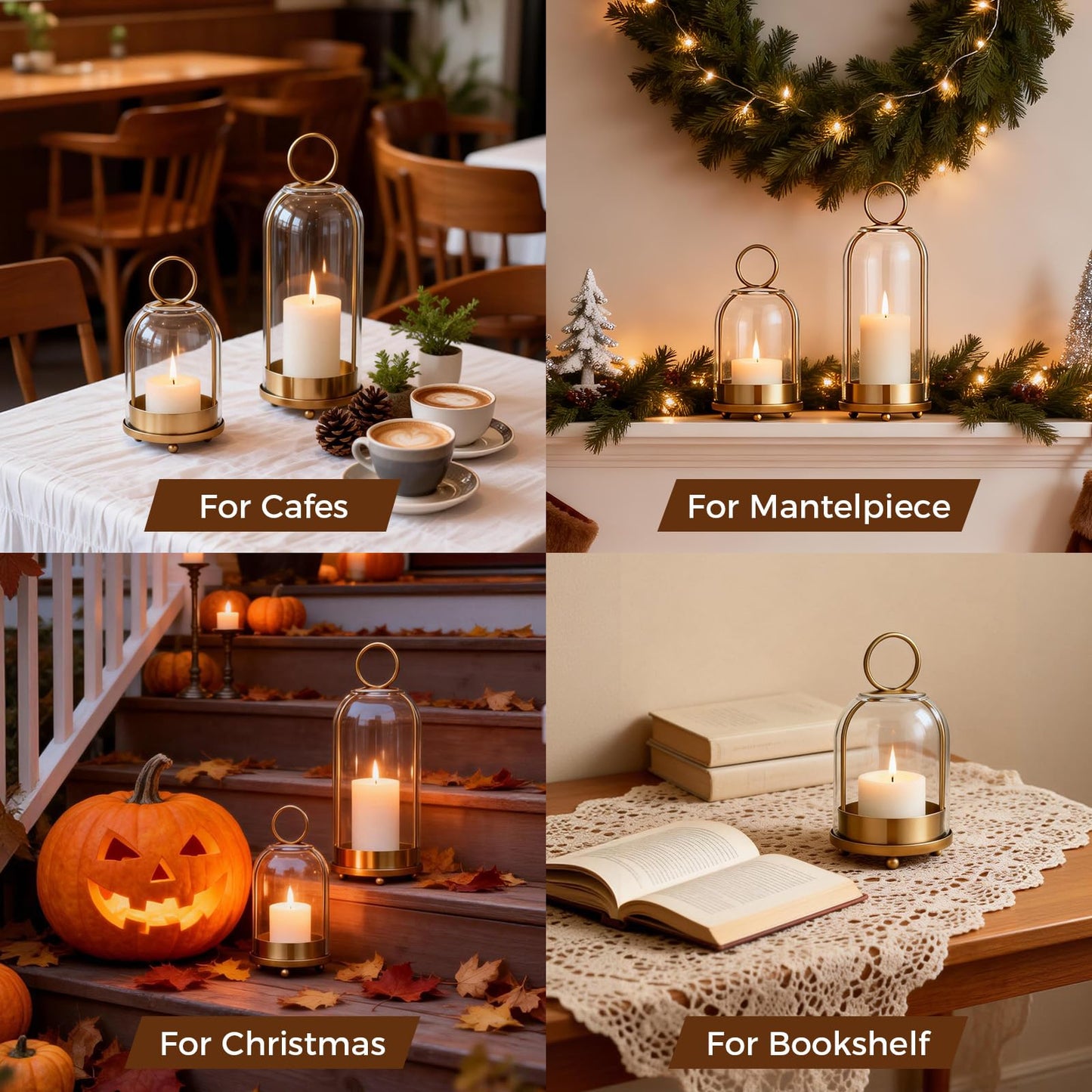 Havmorph 5"&4" Hurricane Glass Candle Holders, Hanging Brass Metal Candle Holder for Pillar Candles Table Coffee Table Decor Interior Decoration