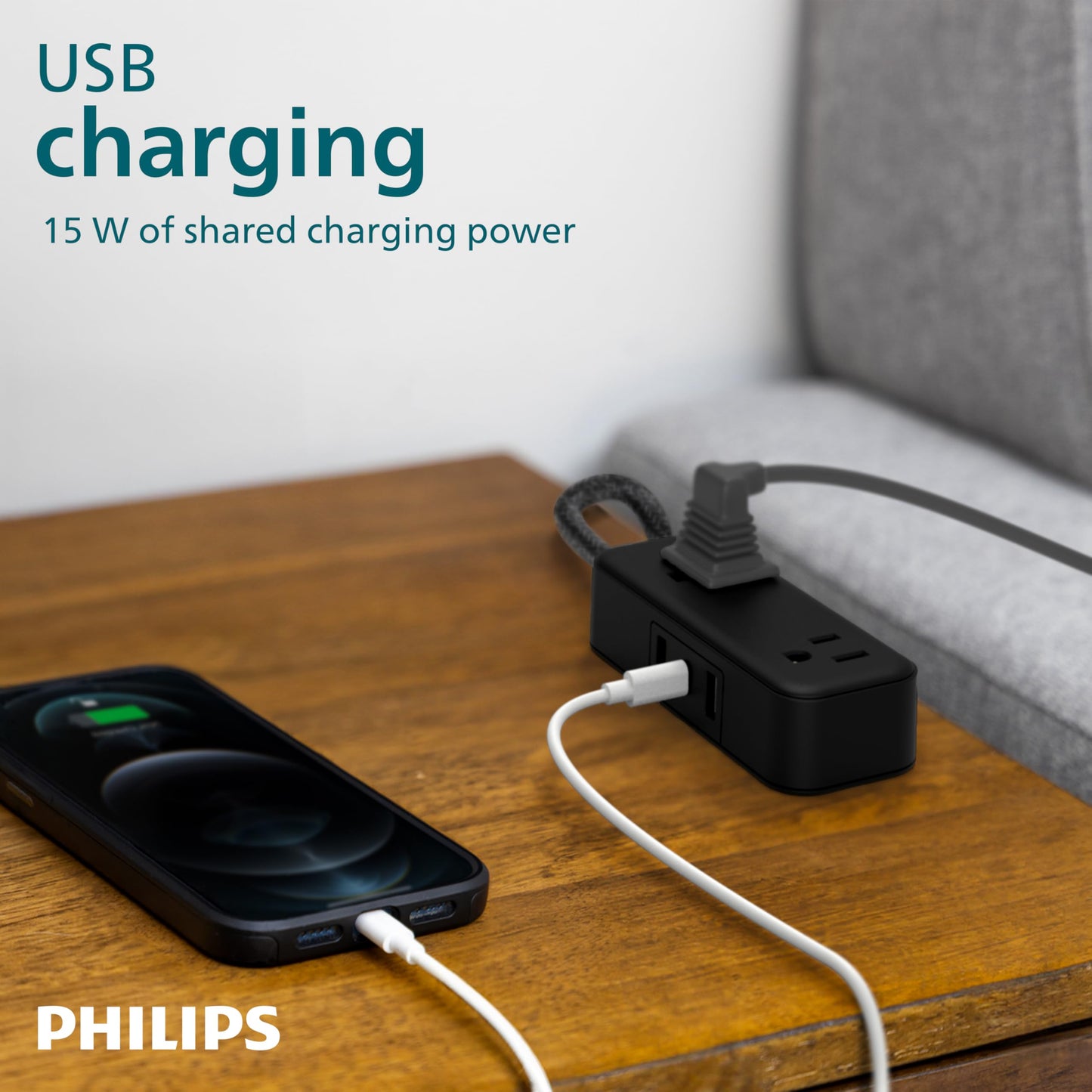 Philips 6 Outlet Power Strip Surge Protector, 6 Ft Power Cord, Designer Braided Extension Cord, Flat Plug, Perfect for Office or Home Décor, 1080 Joules, White, SPC3054WA/37