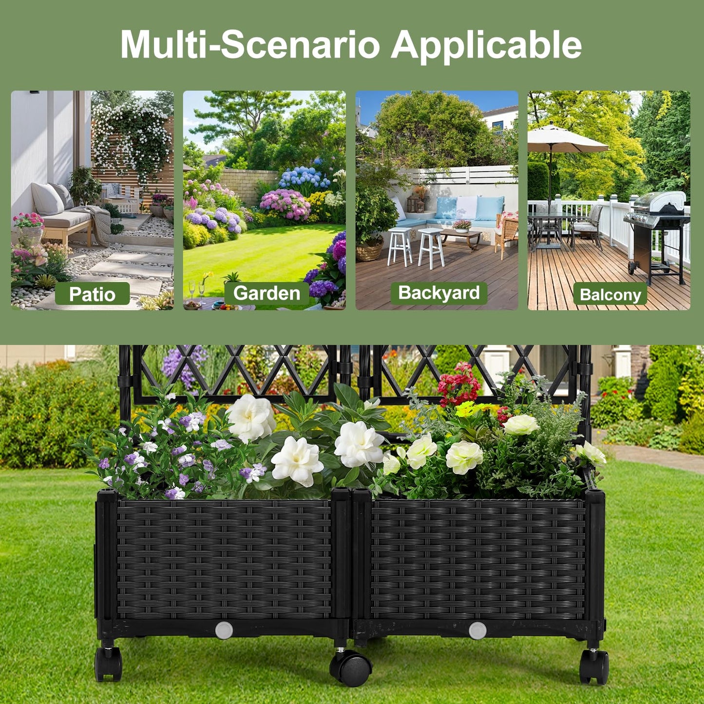 FOLLOOK Planter Box with Trellis, 4ft Tall Self-Watering Plastic Raised Garden Beds and Lattice Trellis with Lockable Wheels & Drain Plug for Outdoor Patio Backyard Balcony, Black, 2 Pcs