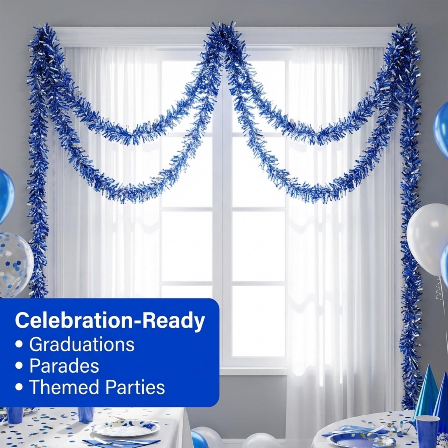 Anderson's Metallic Blue & Silver Tinsel Twist Garland, 25ft Holiday Decoration, Christmas Tree Trim, Parade Float Decor, Party Supplies, Halloween, Graduation, Indoor Outdoor Event Garland