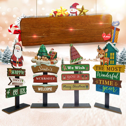 YvSuZeBuDa Christmas Table Decorations, 4 Piece Wooden Rectangular Sign Boards, Rustic Farmhouse Style, Polychrome, 8.86 x 4.72 Inches, Wall Mount with Twine, Cozy Theme (Santa hat)