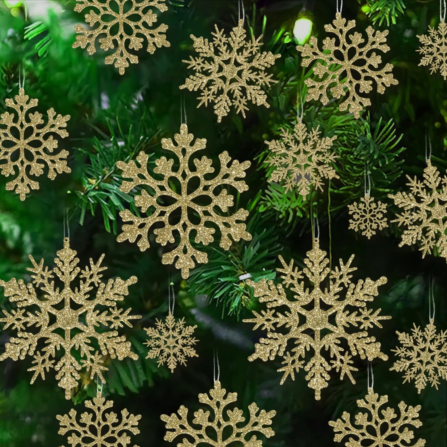 36pcs Christmas Gold Snowflake Ornaments Plastic Glitter Snow Flakes Ornaments for Winter Christmas Tree Decorations Size Varies Craft Snowflakes