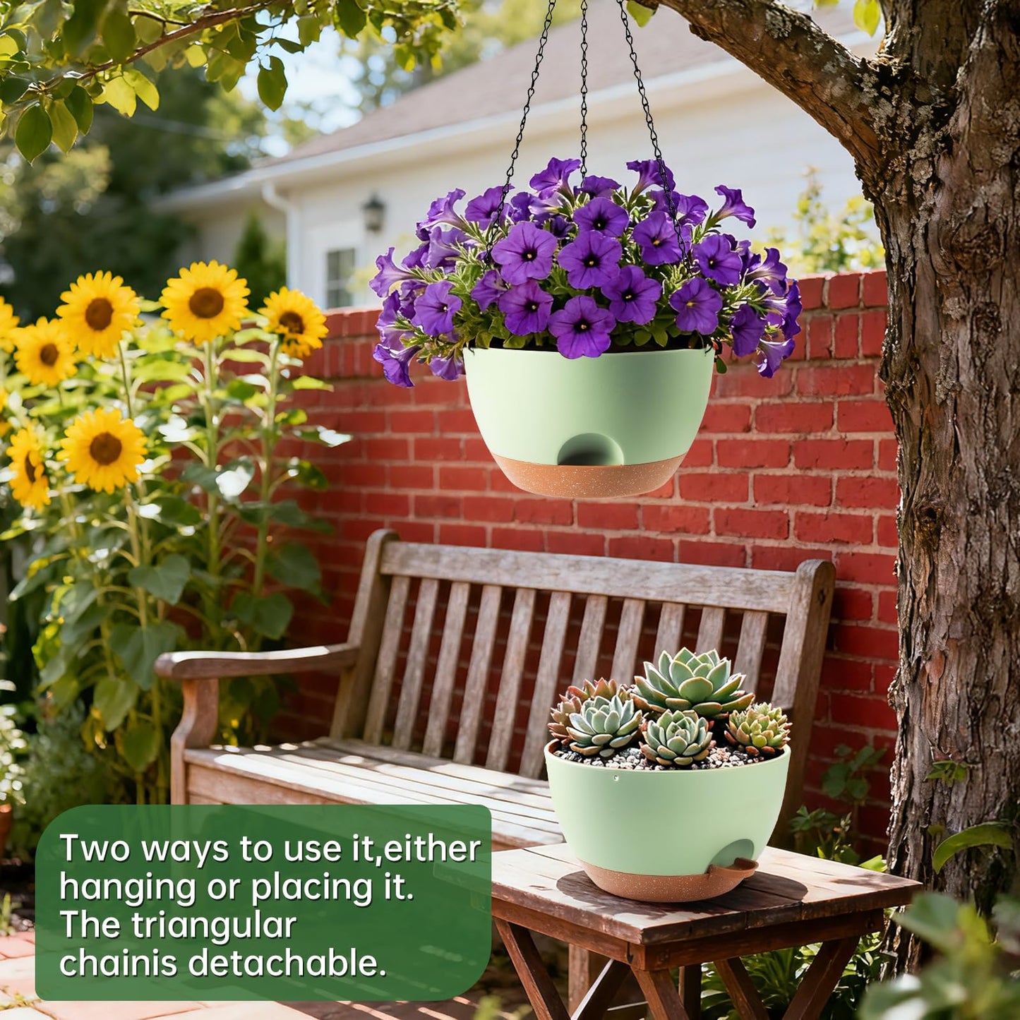 WUCEIAUU 3-Piece Set of 10-Inch Hanging Planters with Automatic Watering System and Drip Tray, Includes Metal Chain, Suitable for Various Indoor and Outdoor Plants and Flowers, Green Brown