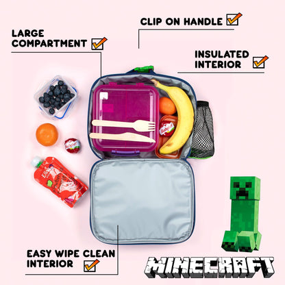 Minecraft - Personalised Kids Lunch Bag - Insulated Kids Snack Bag for Boys and Girls - Name Customisation - Dark Blue