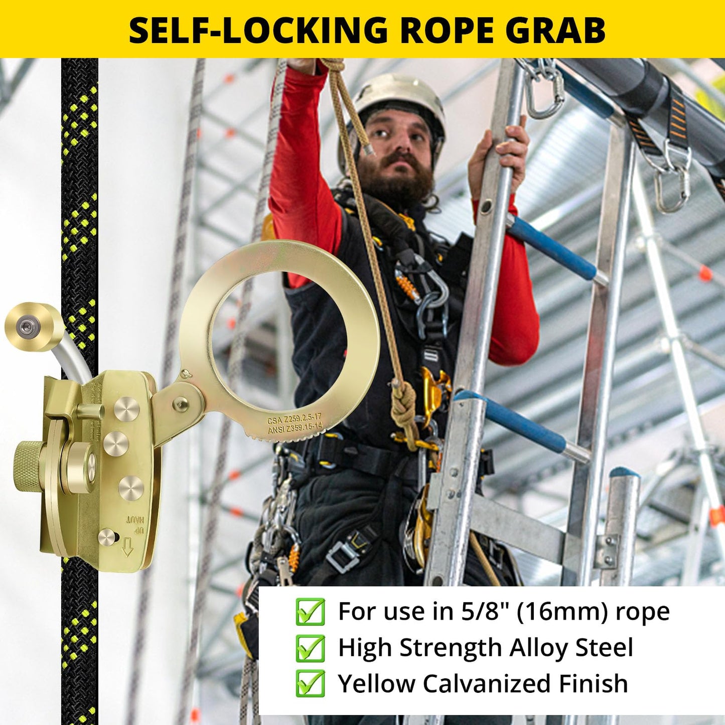 TRSMIMA Rope Grab Fall Protection - Auto Trail Double Locking Rope Grabs Used with 5/8”Rope Anti-Panic Feature for Construction Climbing Roofing Equipment 310 lb. Capacity
