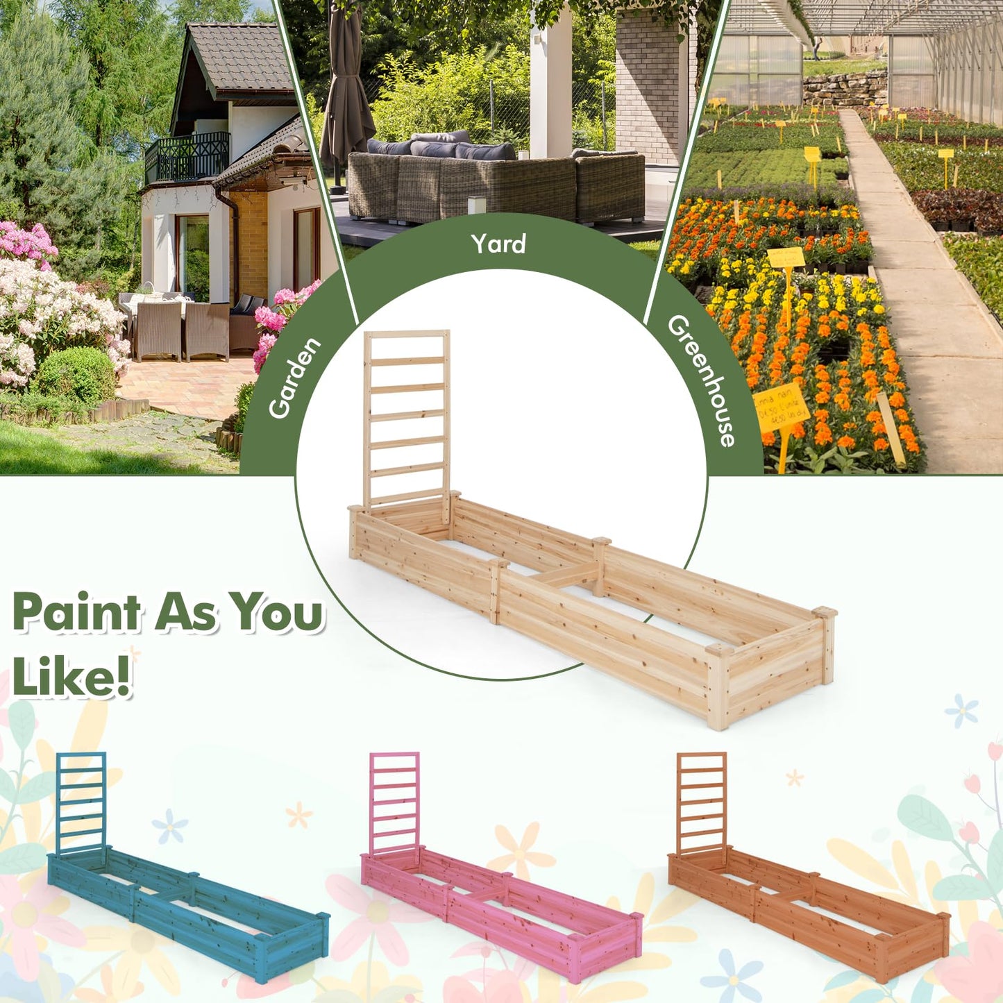 HAPPYGRILL Raised Garden Bed with Trellis, Wooden Garden Box with Divided Space for Vegetables, Flowers, Fruits, Climbing Plants, Outdoor Elevated Planter Box for Yard Patio, 93”L x 25”W x 40”H